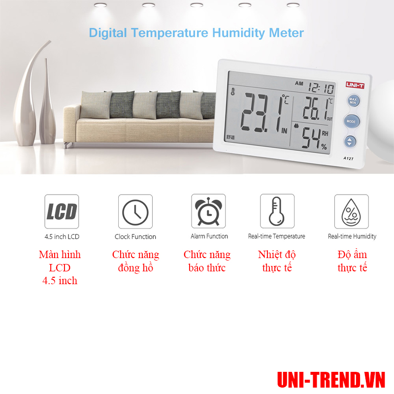 A12T Đồng hồ nhiệt độ, độ ẩm, thời gian Uni-Trend